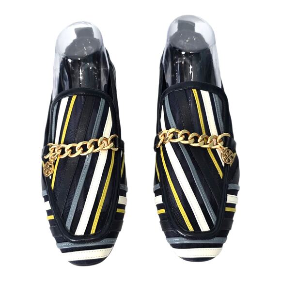 Tory Burch Jessa Stripe Mesh Loafer In Perfect Navy Multi Gold Chain Not Worn 9 - Picture 2 of 11